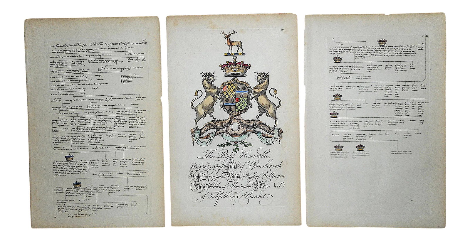 Antique 18th Century Copperplate Engravings-Heraldry Crest & Family Tree-13"x19.5" - Set of 3: We are pleased to offer this rare antique 18th century hand colored copperplate engraving of the heraldric crest of Sir Henry Noel and his family along with two engraved pages describing their family