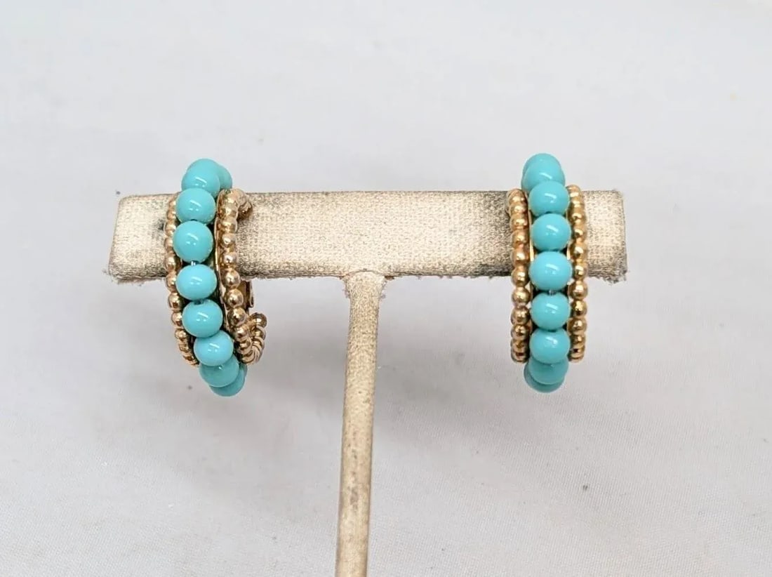 Vintage 1950s Signed Napier Goldtone Faux-Turquoise Hoop Clip Earrings-2 Pieces - 2