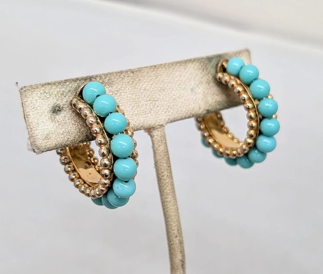 Vintage 1950s Signed Napier Goldtone Faux-Turquoise Hoop Clip Earrings-2 Pieces - 3