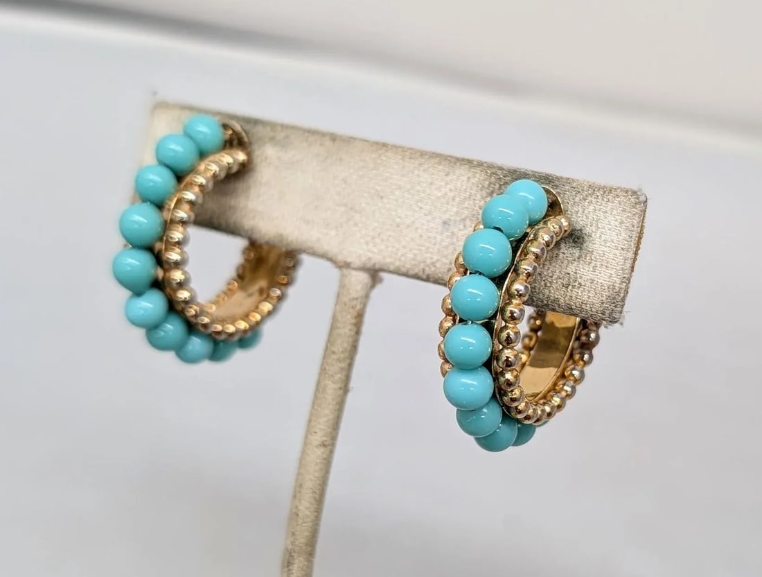 Vintage 1950s Signed Napier Goldtone Faux-Turquoise Hoop Clip Earrings-2 Pieces - 4