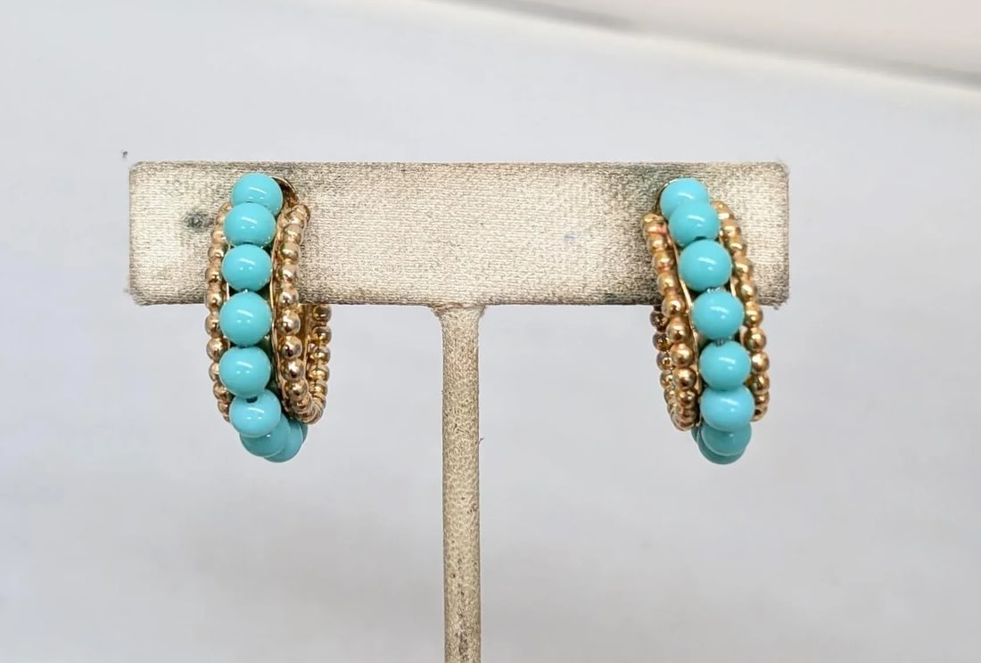 Vintage 1950s Signed Napier Goldtone Faux-Turquoise Hoop Clip Earrings-2 Pieces - 5