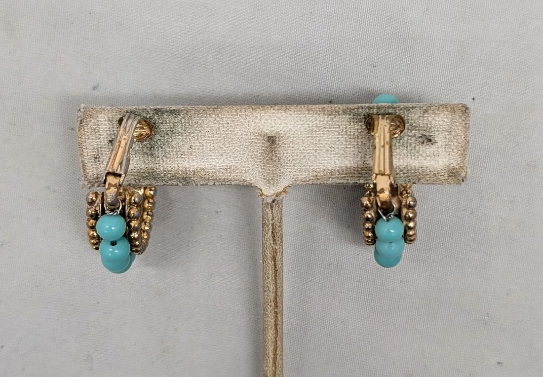 Vintage 1950s Signed Napier Goldtone Faux-Turquoise Hoop Clip Earrings-2 Pieces - 6