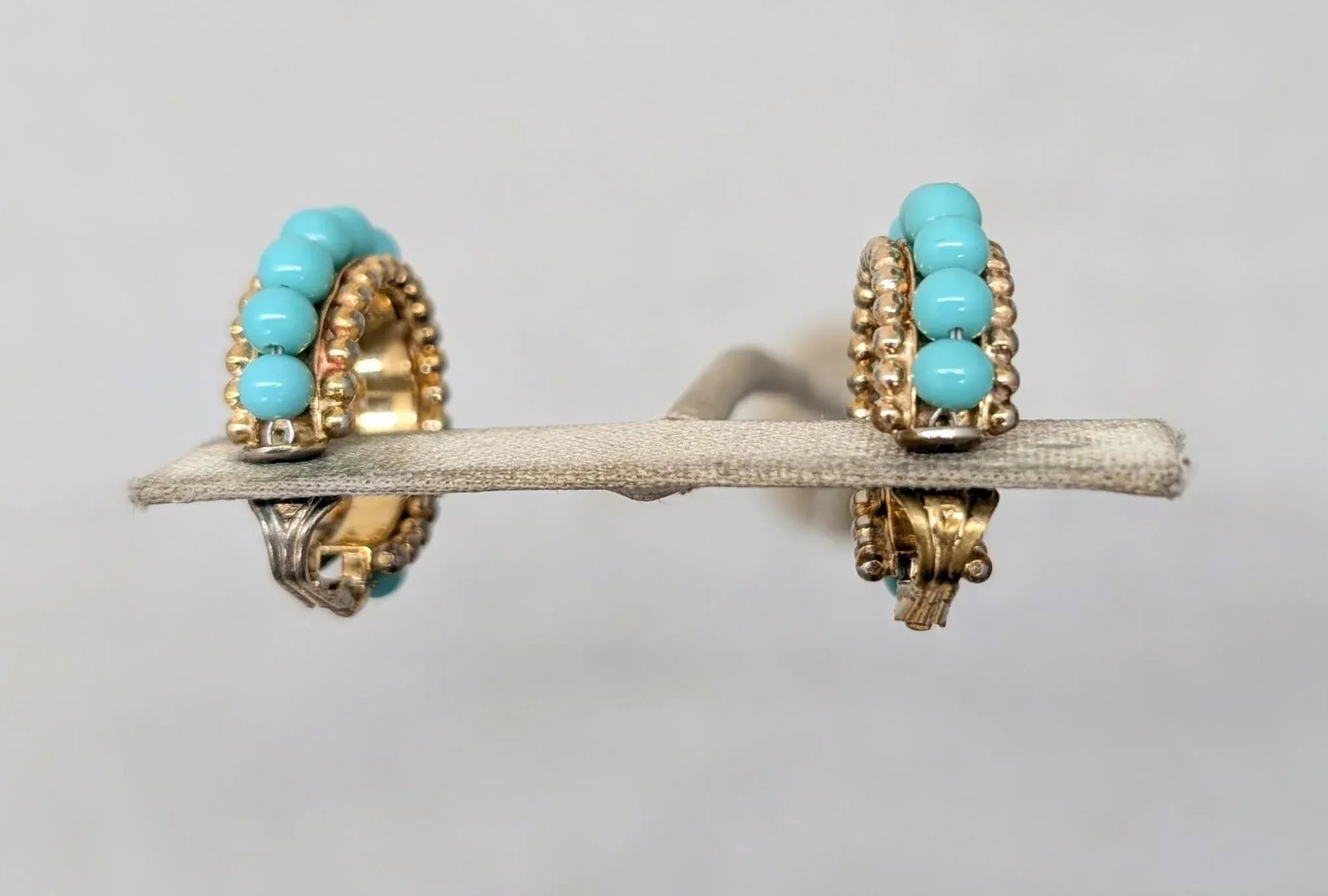 Vintage 1950s Signed Napier Goldtone Faux-Turquoise Hoop Clip Earrings-2 Pieces - 7