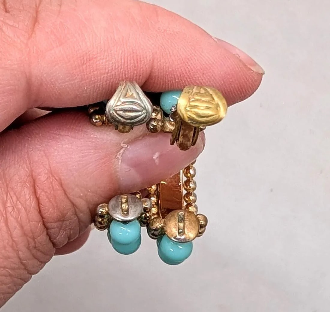 Vintage 1950s Signed Napier Goldtone Faux-Turquoise Hoop Clip Earrings-2 Pieces - 8