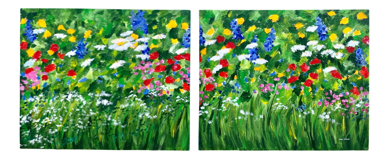 Original Teresa M. Turner "Freedom Garden" Diptych Paintings- a Pair: A sea of bright happy flowers littered across not one, but two canvases. This diptych would look impressive either split up and on either side of something larger (window, mirror, over twin beds,