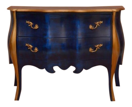 Louis XV Antique Style Blue With Gold Commode: Fabulous Antique Style hand-crafted, hand-painted Blue with Gold Louis XV Style Commode. This Commode comes with 2 large drawers with beautiful Engraved bronze handles. Would look great in your