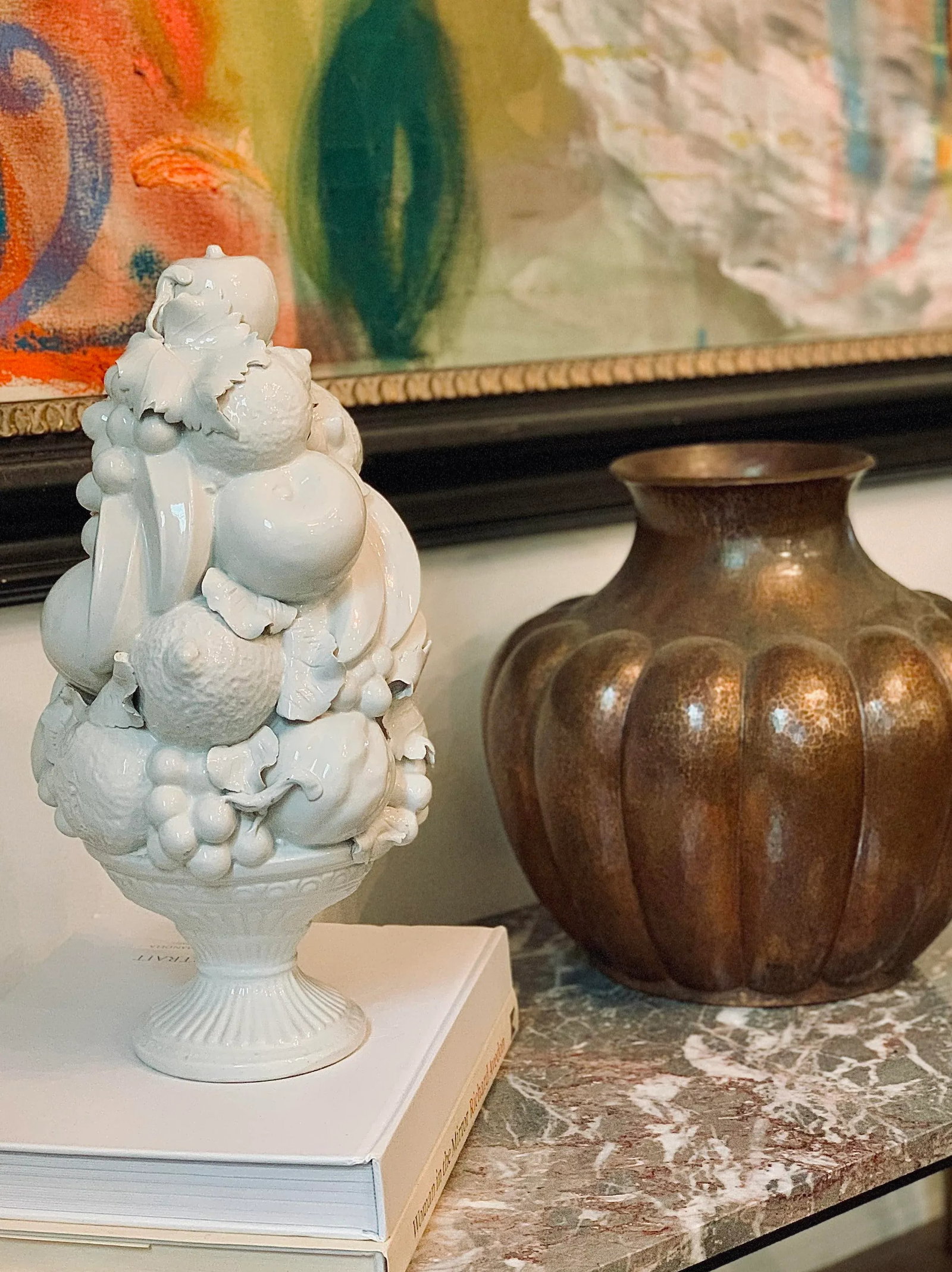 Large Vintage Mid-Century Italian Majolica Blanc De Chine Porcelain Fruit Centerpiece Topiary in a P - 12