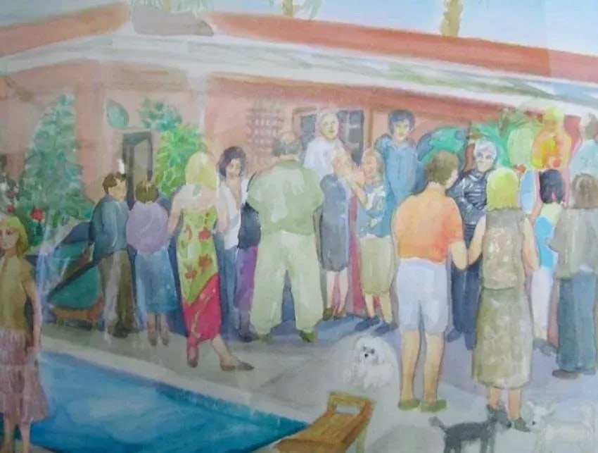 1970s Original Palm Springs Hysterical Society Poolside Gossip Party Watercolor Framed Paintingi - 2