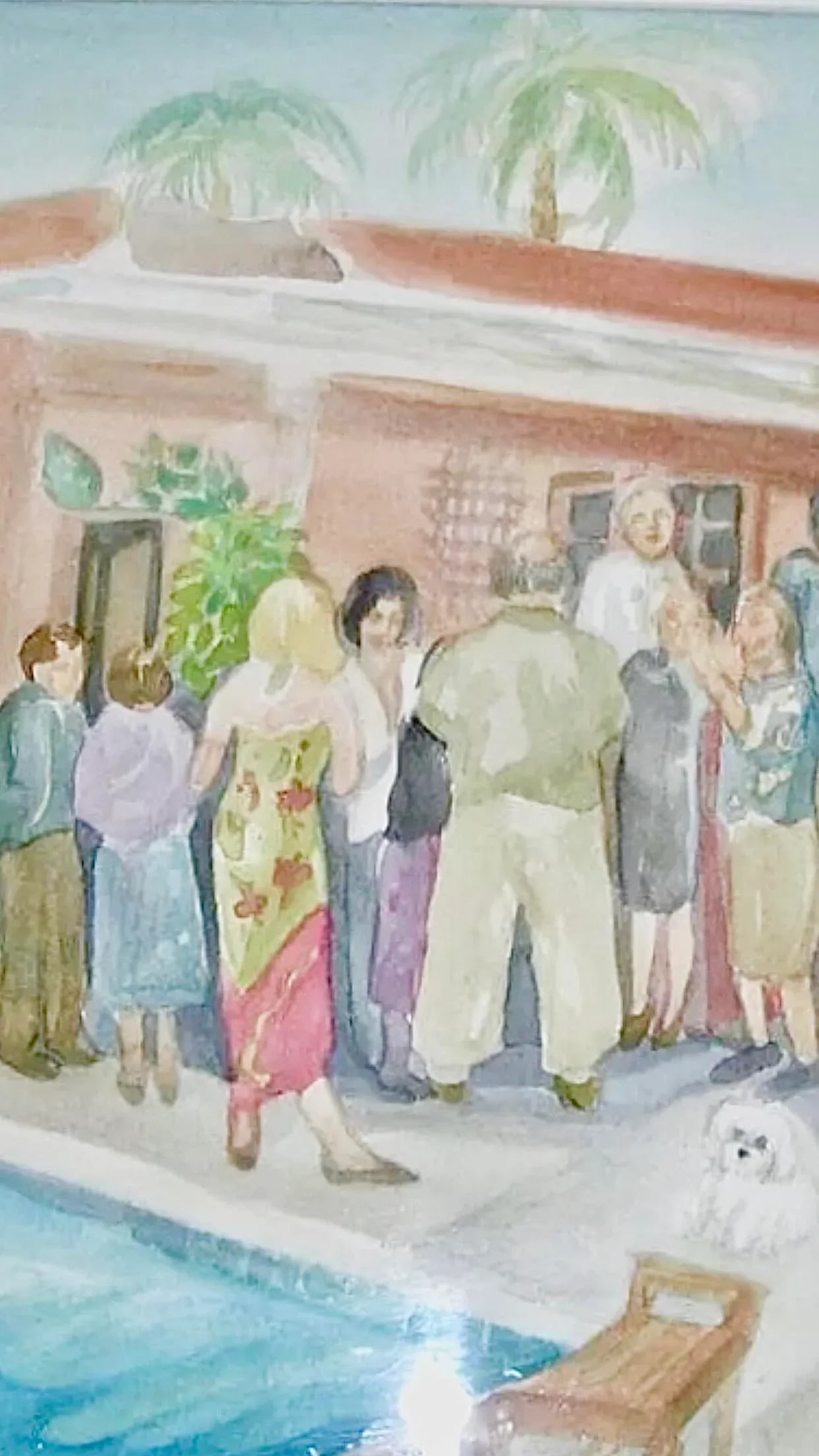 1970s Original Palm Springs Hysterical Society Poolside Gossip Party Watercolor Framed Paintingi - 3
