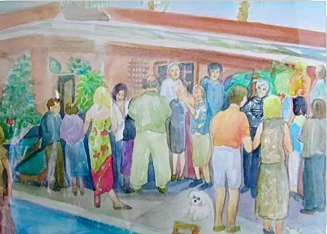 1970s Original Palm Springs Hysterical Society Poolside Gossip Party Watercolor Framed Paintingi - 4