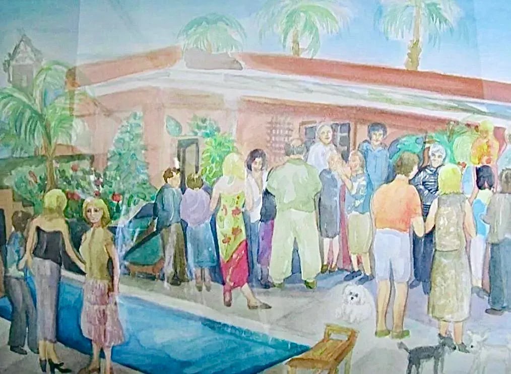 1970s Original Palm Springs Hysterical Society Poolside Gossip Party Watercolor Framed Paintingi - 5