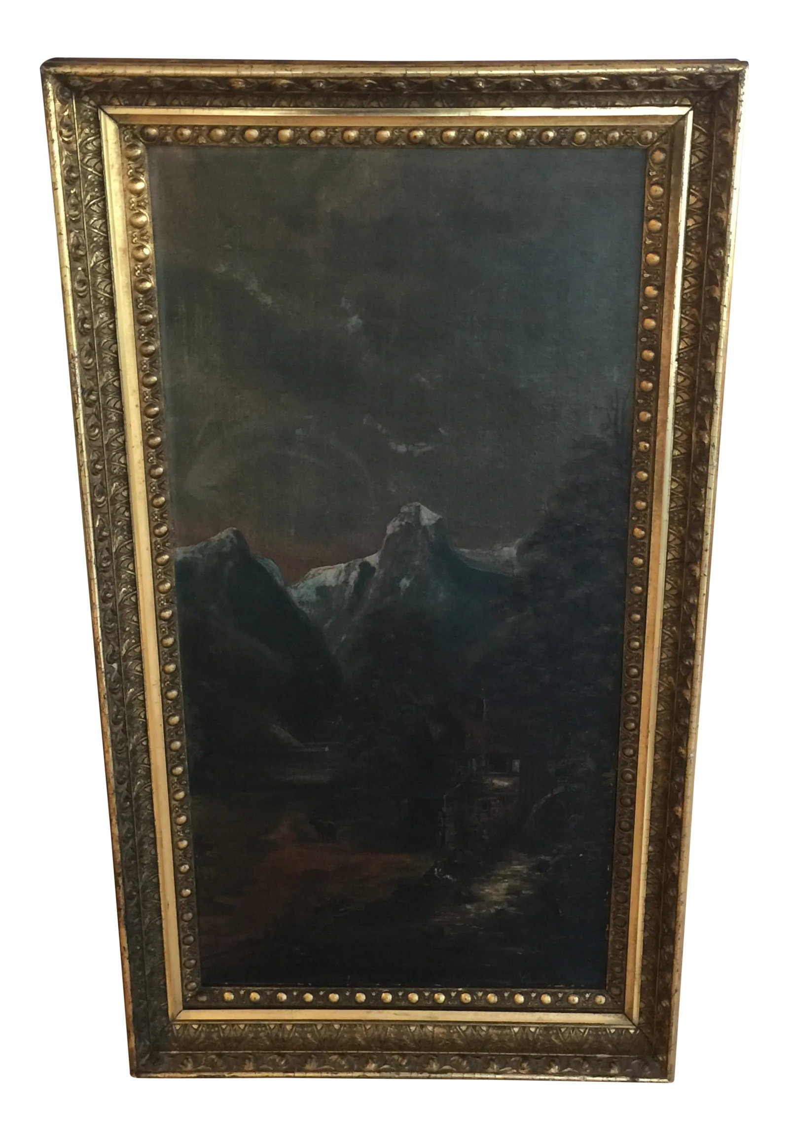 19th Century Mountainous Landscape Oil Painting, Framed: A provoking and very charming later 19th century oil on canvas landscape painting of a small village with sheep, hut and various figures. The flock is moving toward a distant hillside with mountains i