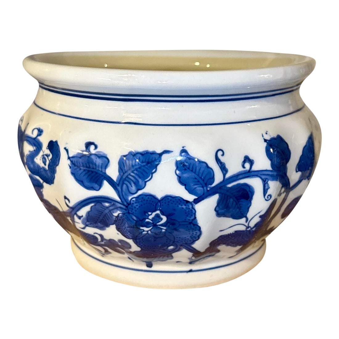 Vintage Blue & White Chinoiserie Planter: Vintage blue and white planter or cachepot. Perfectly sized to hold orchids, succulents or other plants as it measures approx. 5 1/2" deep and 8" wide. In great vintage condition with no chips, scratc