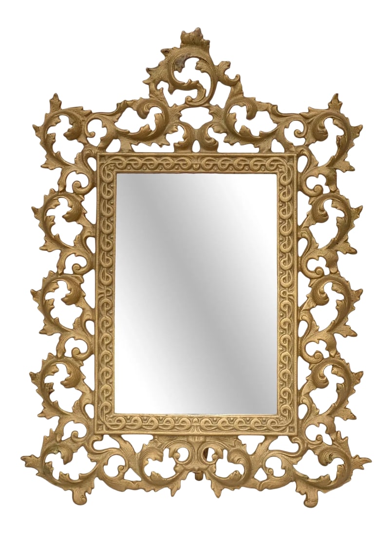 Vintage French Rococo Gold Foliage Brass Vanity Table Mirror: A French Rococo Ornate Gold Table Top Mirror, United States, c.1970. The Mirrors Frame is absolutely stunning, it adds character to any piece its displayed on. As the frame appears to be brass, it's