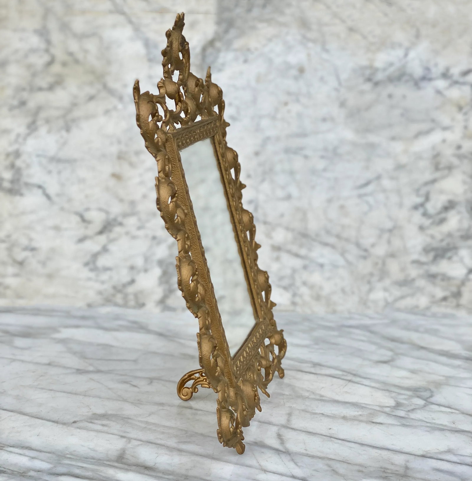 Vintage French Rococo Gold Foliage Brass Vanity Table Mirror - 2