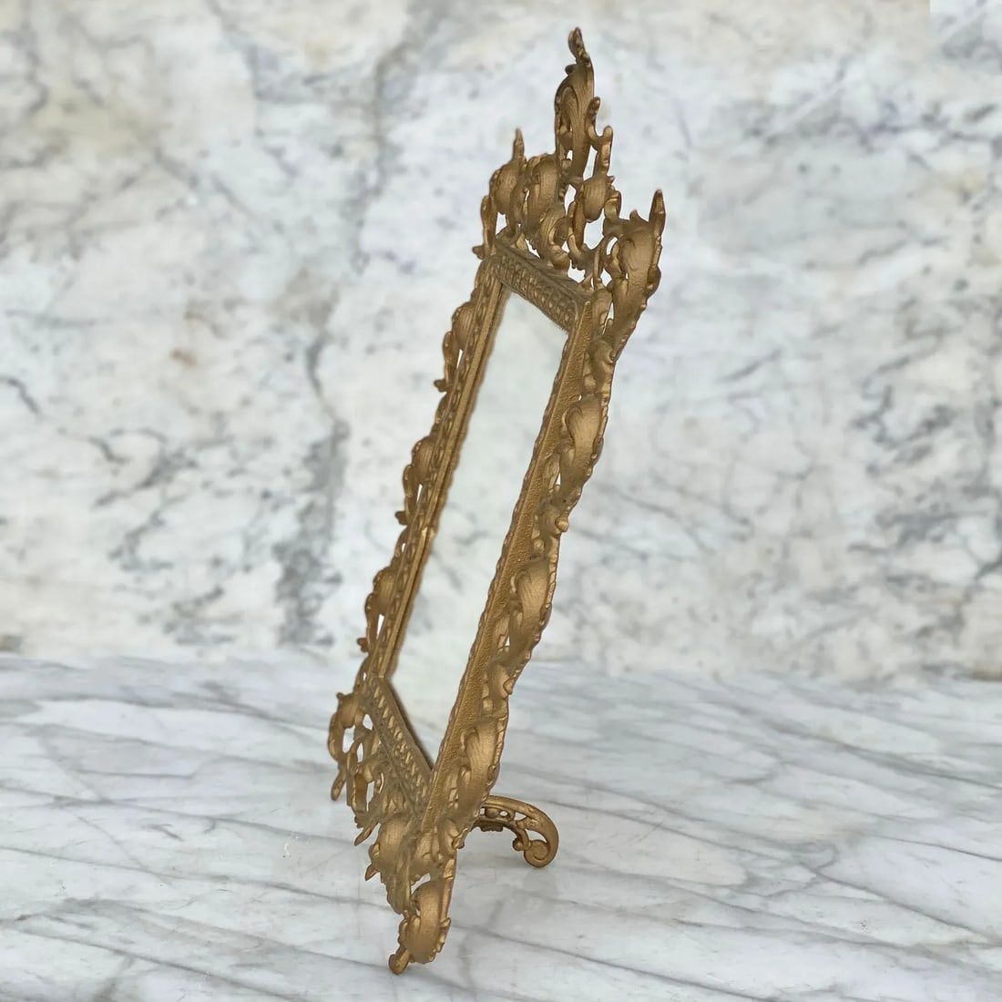 Vintage French Rococo Gold Foliage Brass Vanity Table Mirror - 3