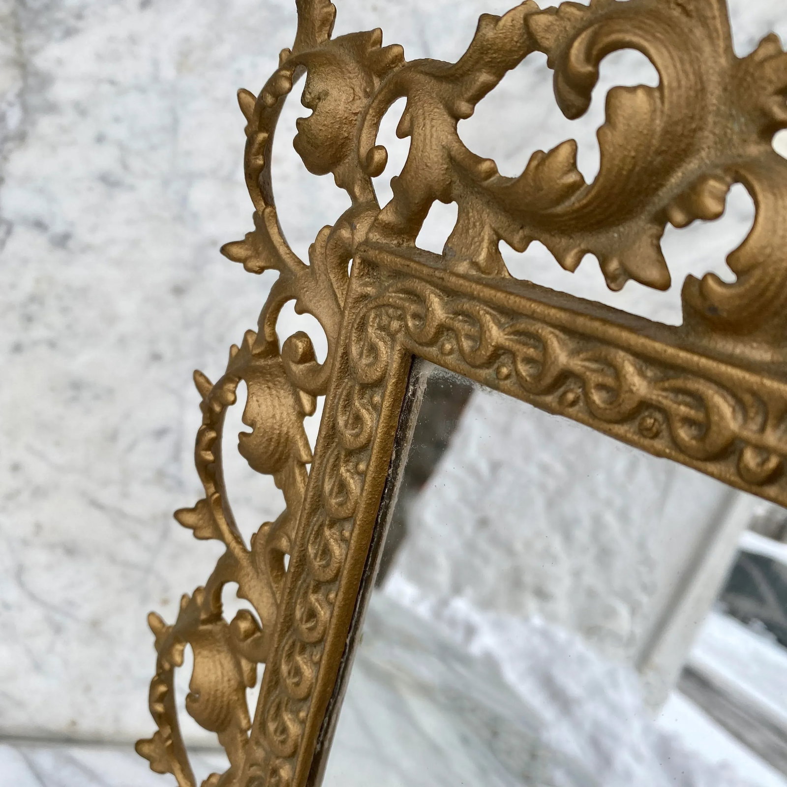 Vintage French Rococo Gold Foliage Brass Vanity Table Mirror - 6