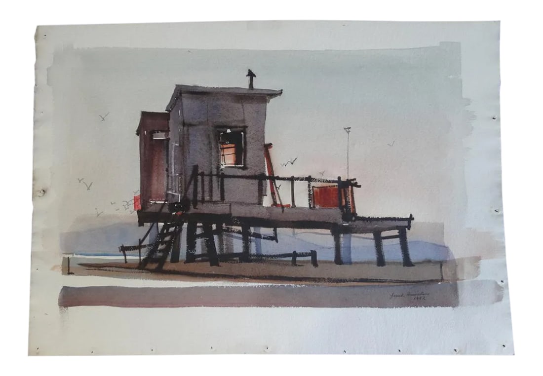 Frank Moss Hamilton Clamdiggers' Hut, Balboa, California 1952 Watercolor Painting: Really elegant and evocative. Measures 15 1/2" x 27". From Kansas City, Missouri, Frank Moss Hamilton became a noted watercolor painter in California, where he lived in Cambria. He was a teacher at th