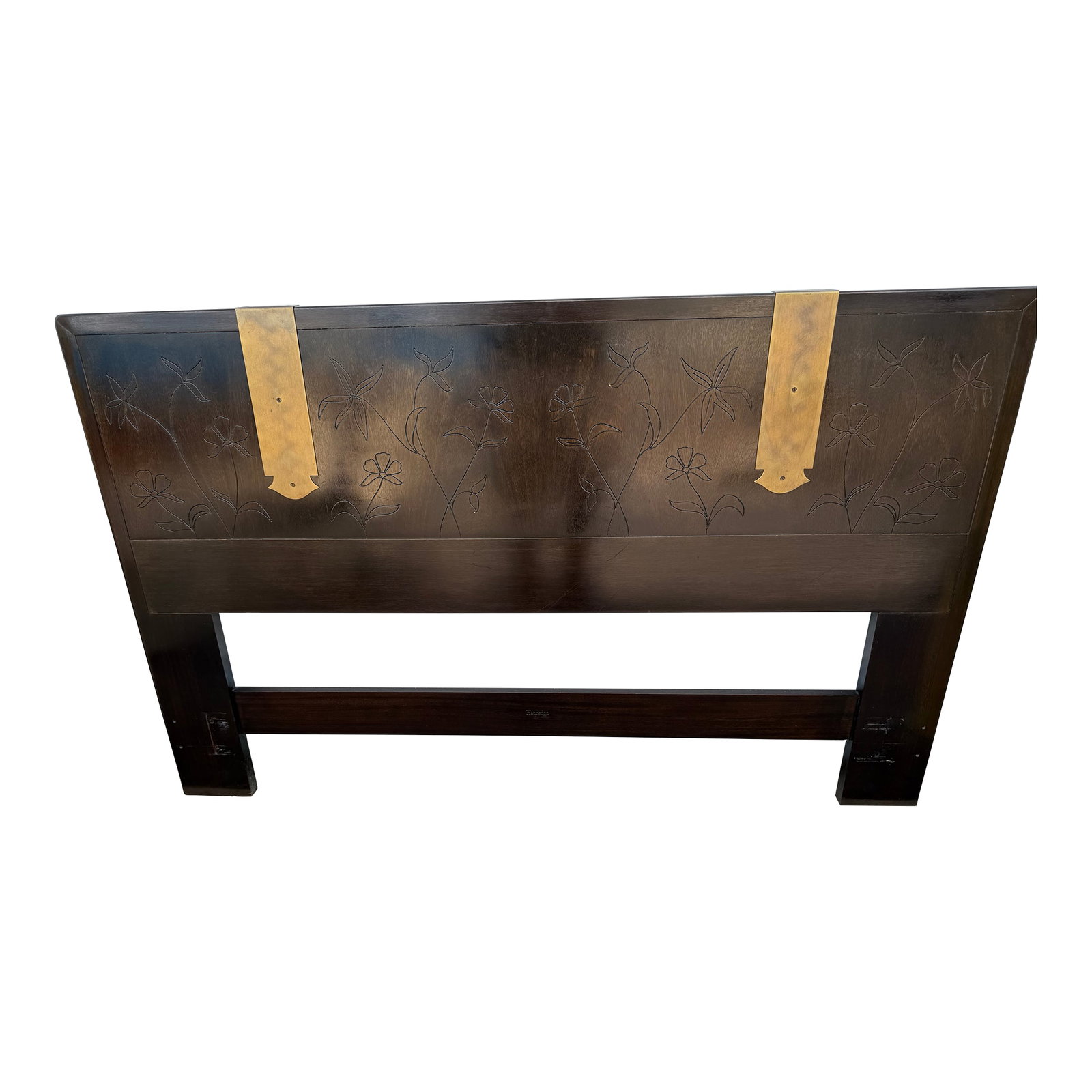 Mid 20th Century Henredon Headboard: Vintage mid century headboard, featuring a rich, dark walnut finish with elegant Forel, carvings and striking brass accents to clean lines and subtle detailing lend a refined modernist appeal perfect 