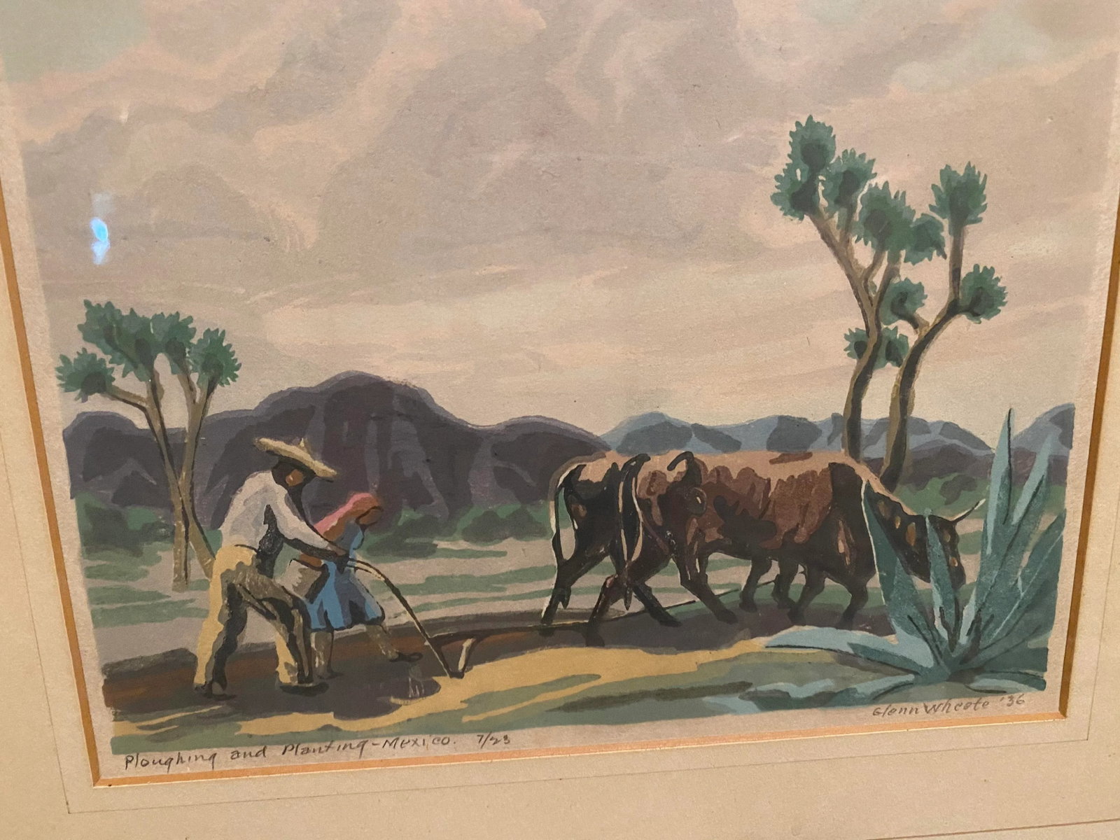 1936 Rural Landscape Woodblock Print by Glenn Wheete, Framed - 4