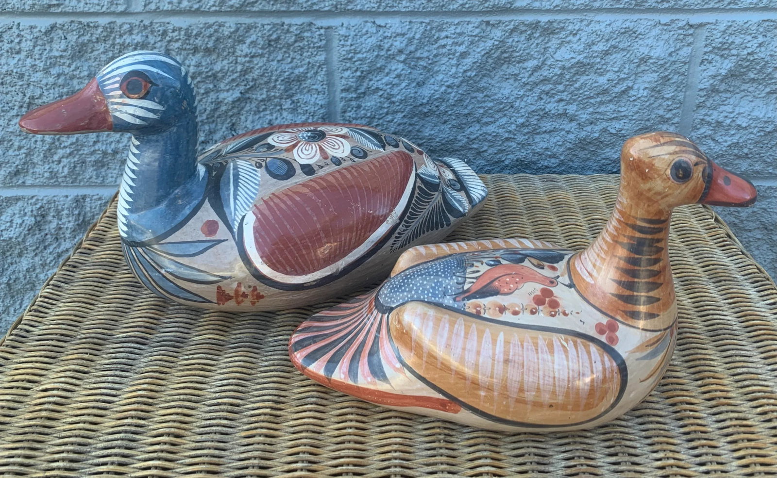 1960s Large Mexican Hand Painted Tonala Bird Scuptures - a Pair - 12