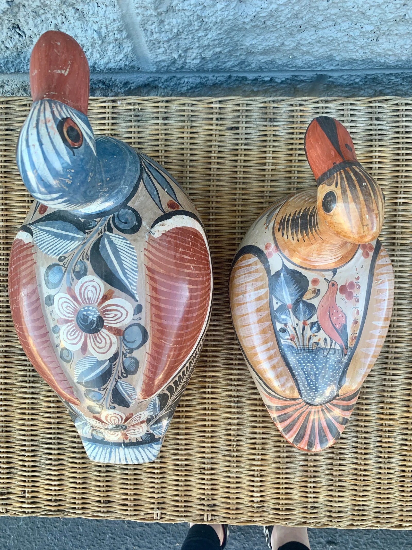 1960s Large Mexican Hand Painted Tonala Bird Scuptures - a Pair - 2