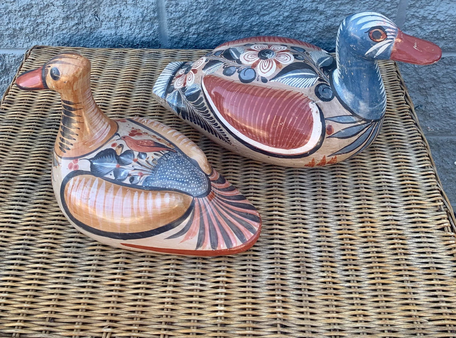 1960s Large Mexican Hand Painted Tonala Bird Scuptures - a Pair - 3