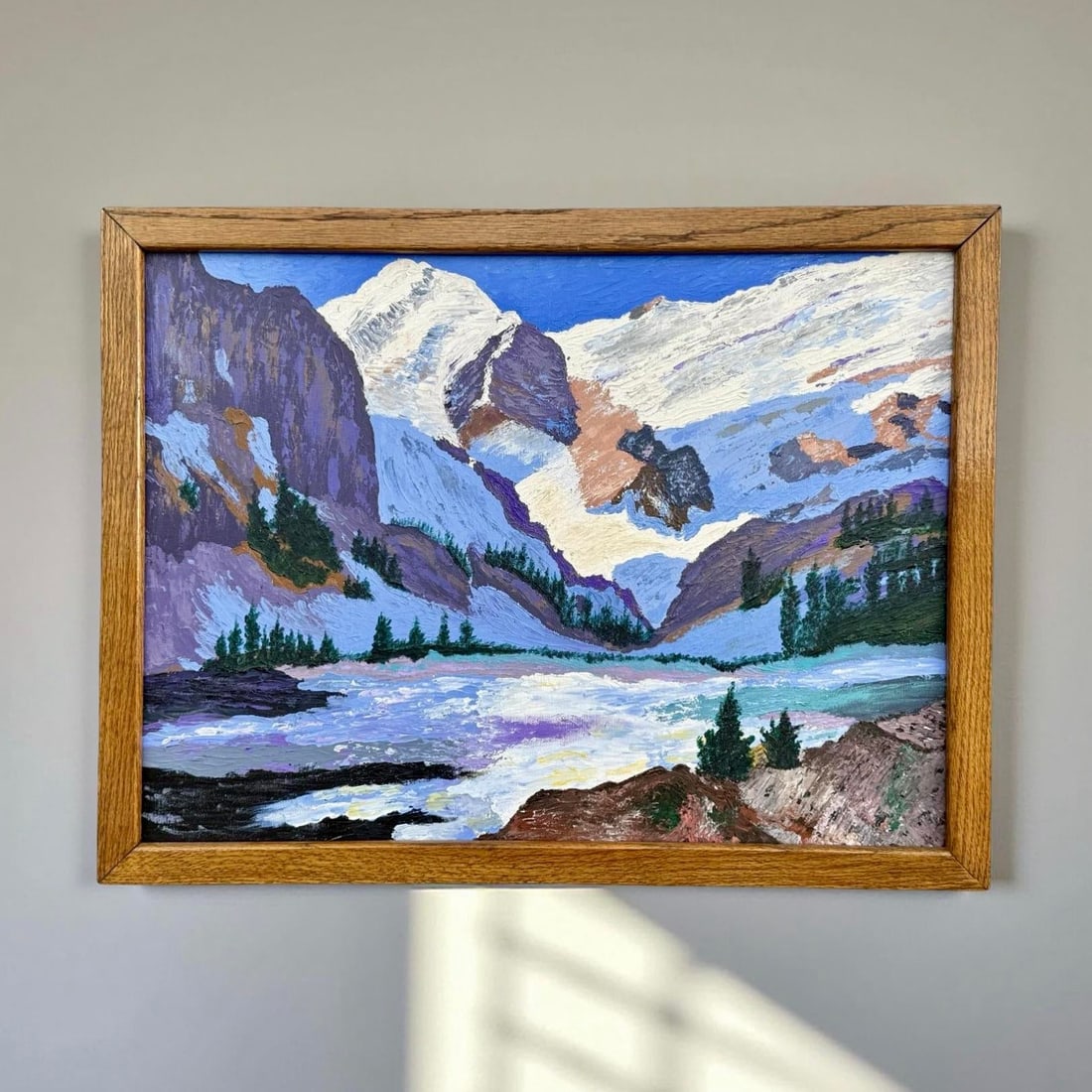 Mid-Century Expressionist Winter Mountain Landscape Oil Painting W/ Original Vintage Wood Frame - 2