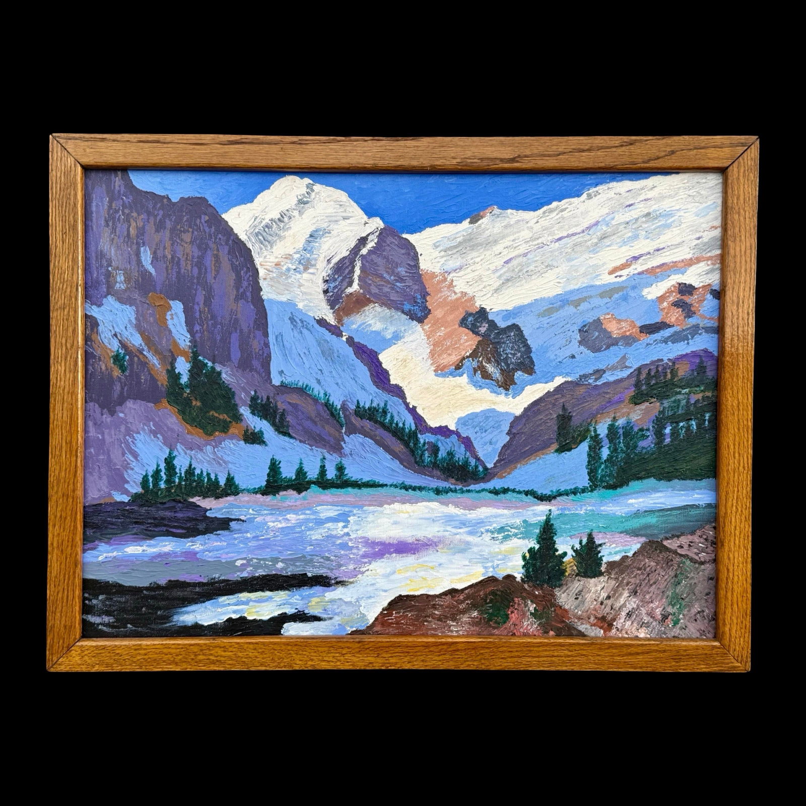 Mid-Century Expressionist Winter Mountain Landscape Oil Painting W/ Original Vintage Wood Frame - 3