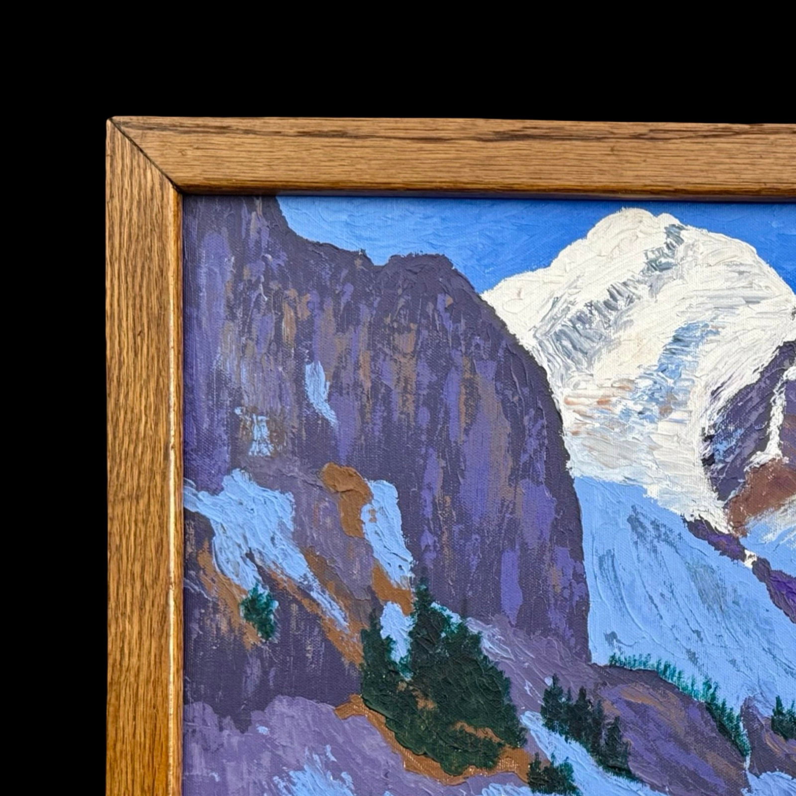 Mid-Century Expressionist Winter Mountain Landscape Oil Painting W/ Original Vintage Wood Frame - 4