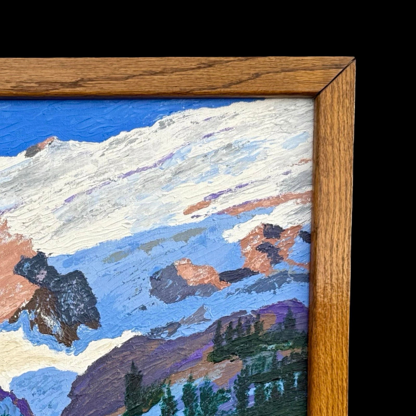 Mid-Century Expressionist Winter Mountain Landscape Oil Painting W/ Original Vintage Wood Frame - 5
