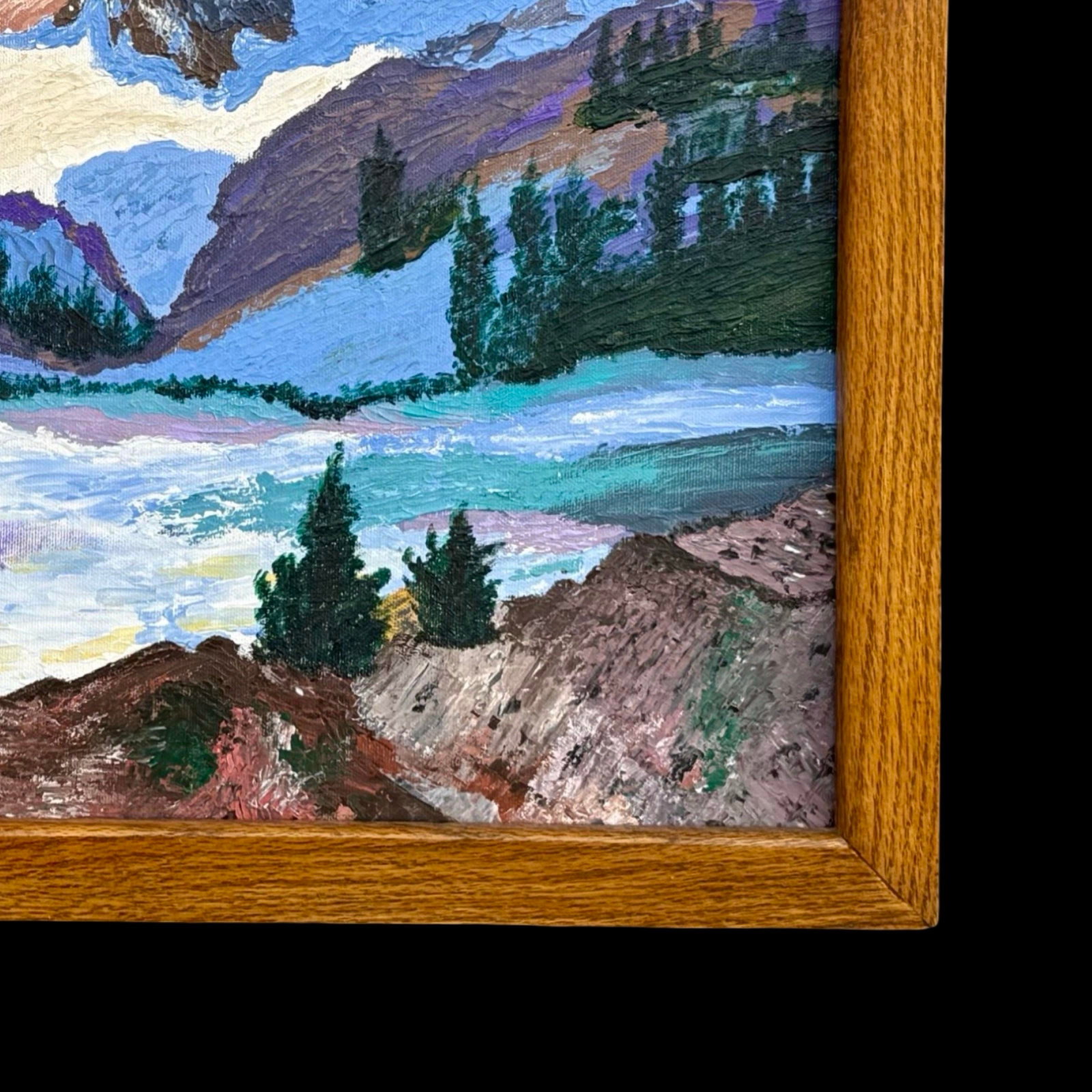 Mid-Century Expressionist Winter Mountain Landscape Oil Painting W/ Original Vintage Wood Frame - 7