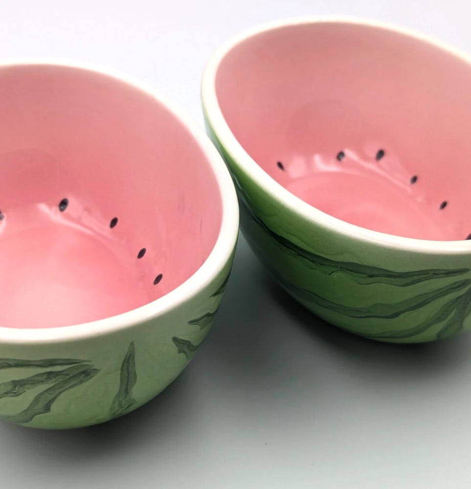 Vintage Pier 1 Japanese Watermelon Ceramic Serving Bowls -Set of 2 - 3