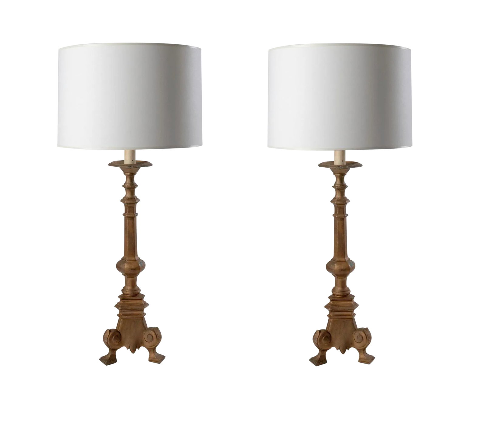 Vintage Gold Painted Candlestick Shaped Lamps: Large Vintage gold painted candlestick style table lamps. Good condition with some age on painted finish as in photos. Shades not included, sold as a pair. Condition: Alterations: Original Condition U