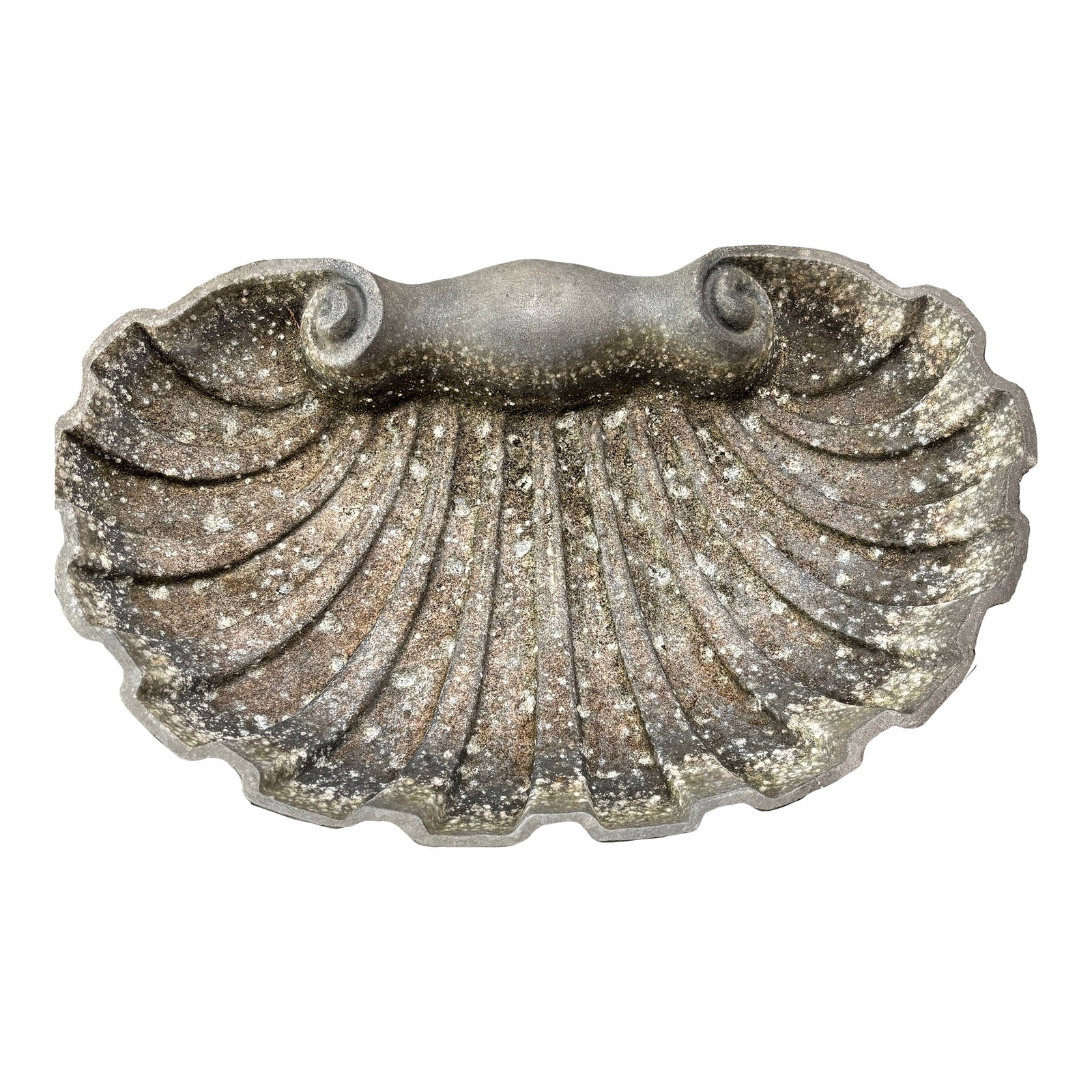Vintage Cast Aluminum Garden Ornament Bird Bath: Add mid-century charm to your outdoor space with this beautiful 1950s cast aluminum shell ornament. Crafted from solid aluminum, it features the graceful curves and textured ridges of a scallop
