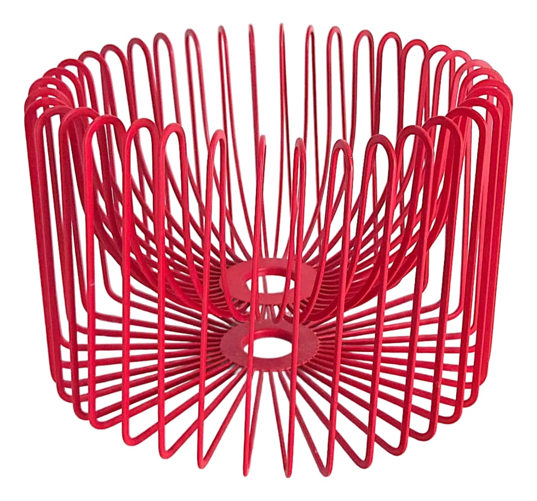 1990's Scandinavian Modern Red Fruit/Centerpiece Bowl Designed by Ehlen Johansson: Offered is a red steel wire fruit / centerpiece bowl designed in the early 1990s by Ehlen Johansson for Ikea. The design is so clean-lined and striking some people have adapted this bowl and use it as