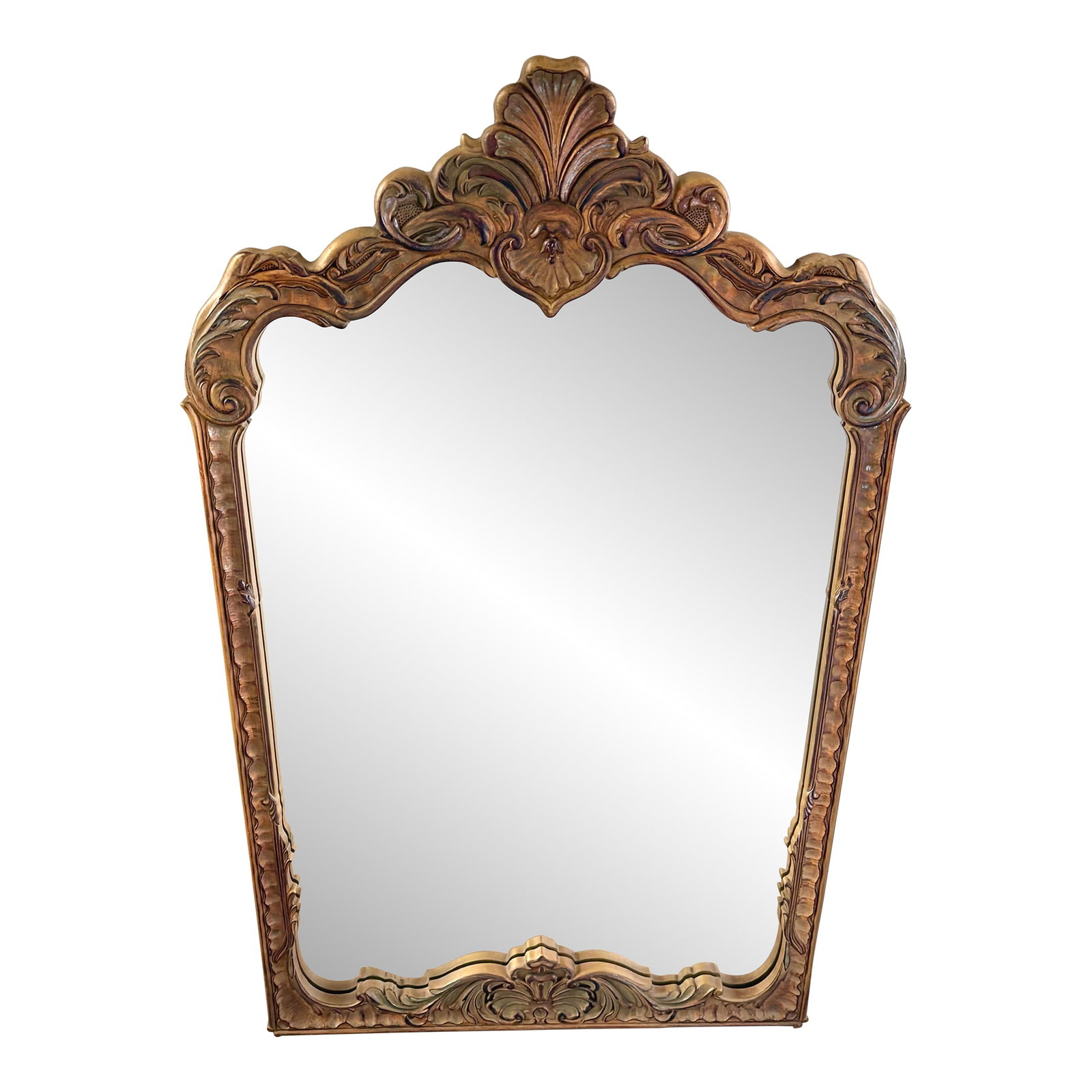 Vintage Rococo Style Large Wall Mirror: Vintage large rococo French style wall mirror with ornate swirled patterns in a deep antique gold with soft wash of color tones on top of the gold. Beautiful dramatic accent for any wall, decor or