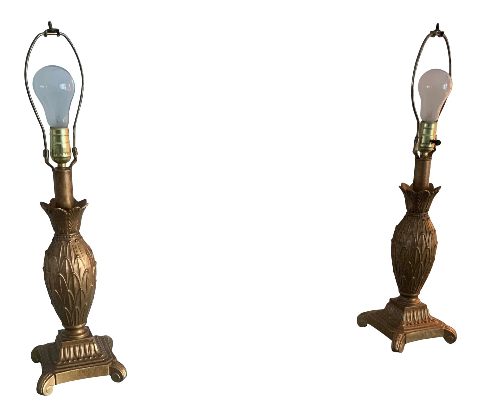 1980's French Style Gold Tone Wrought Iron Metal Table Lamps - a Pair: 1980's French Style Table Lamps - a Pair A pair of vintage 1980s French Style gold tone wrought iron metal lamps. The Lamps are beautiful and will surely bring light and style to your room. (18.5" to