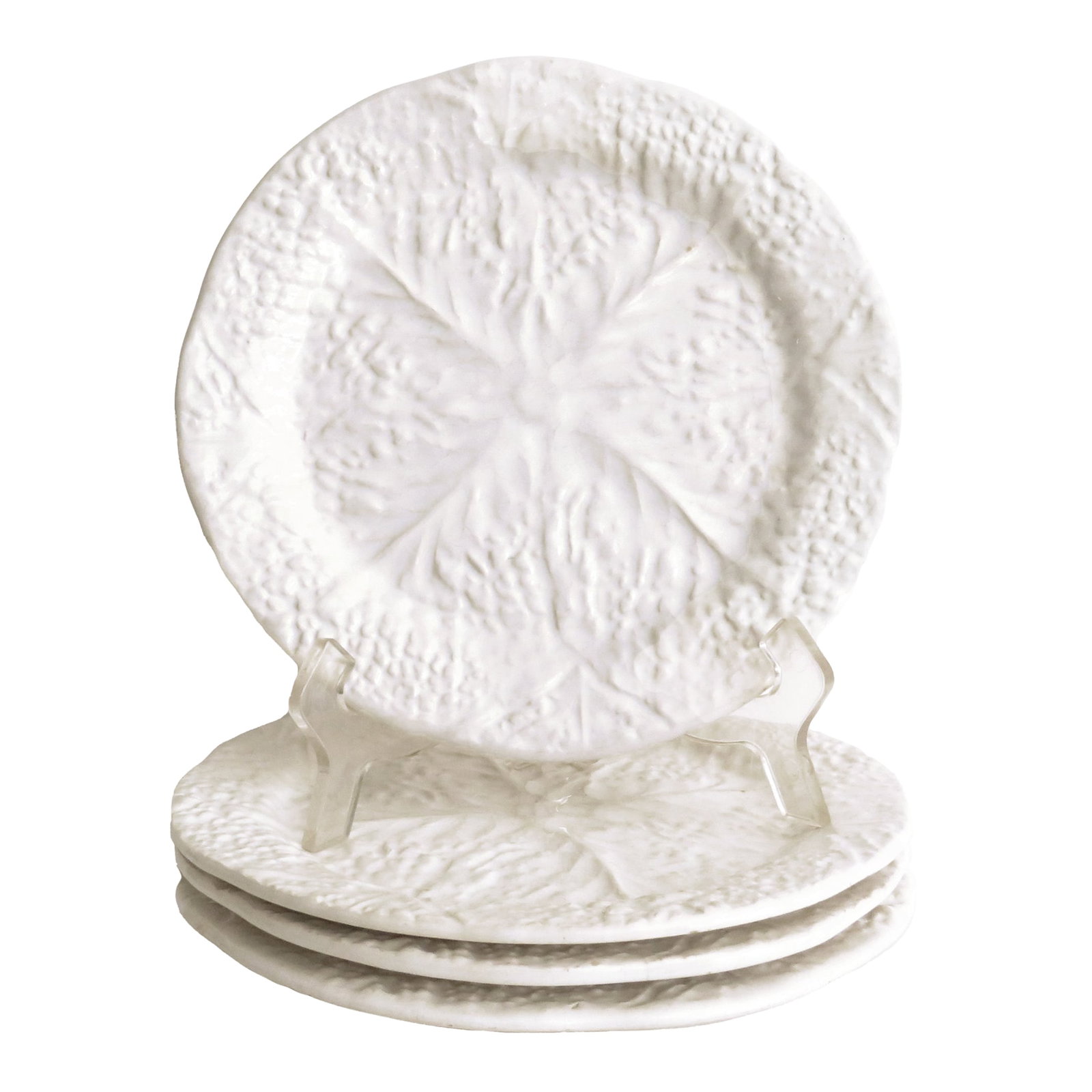 Secla Portuguese White Majolica Cabbageware Salad/Dessert Plates, Set of 4