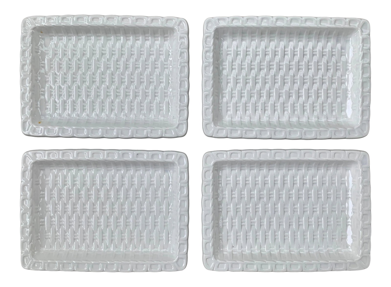 Fitz and Floyd White Basketweave Ceramic Snack Tray Plates- Set of 4: A set of four rare rectangular serving plates from the discontinued "Money business" collection. This Blanc de Chine collection features coordinating basketweave pieces. Excellent for hors d'oeuvres