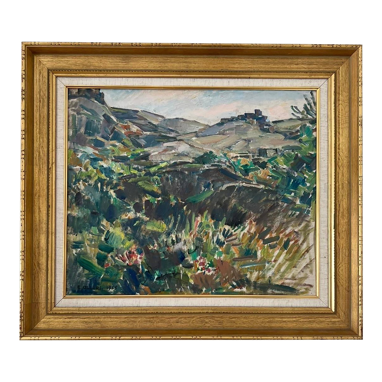 Vintage 1950s Swedish Oil Painting by Edvin Ollers: Vintage Swedish original oil painting by Edvin Ollers. A beautiful landscape framed and ready to hang. Signed and dated 1955. Measures 27" x 23.25" framed. Edvin Ollers (1888-1959) studied in