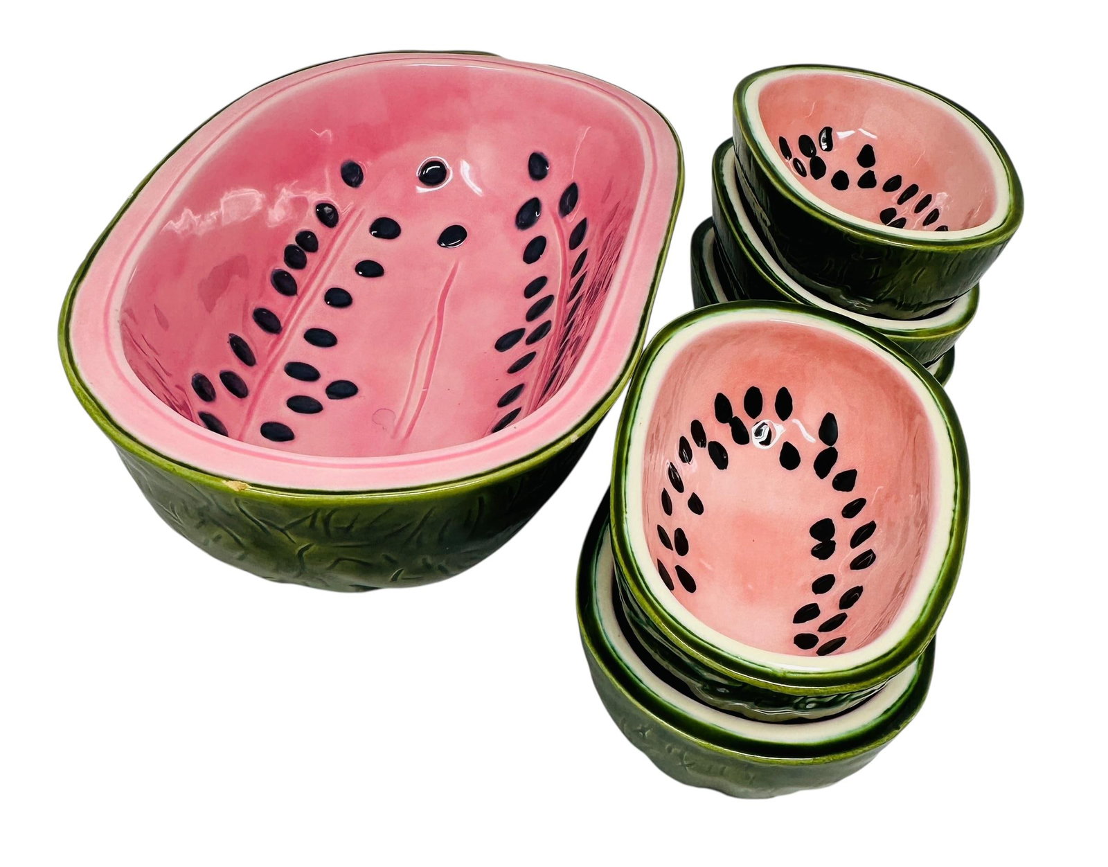 Unique Rare Textured Vintage Watermelon Serving Bowl Set | Mid-Century Modern Embossed Fruit Dishes - 10