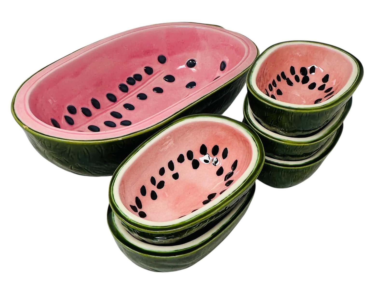 Unique Rare Textured Vintage Watermelon Serving Bowl Set | Mid-Century Modern Embossed Fruit Dishes - 11
