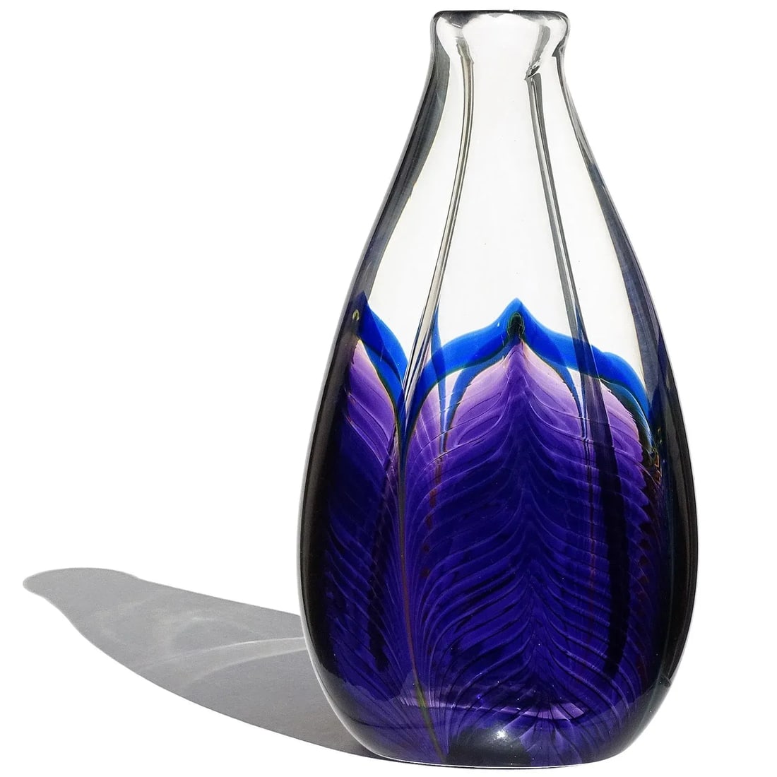 Zellique Studio Joseph Morel 1987 Signed Purple Blue Peacock Feather Vintage Art Glass Vanity Flower - 2