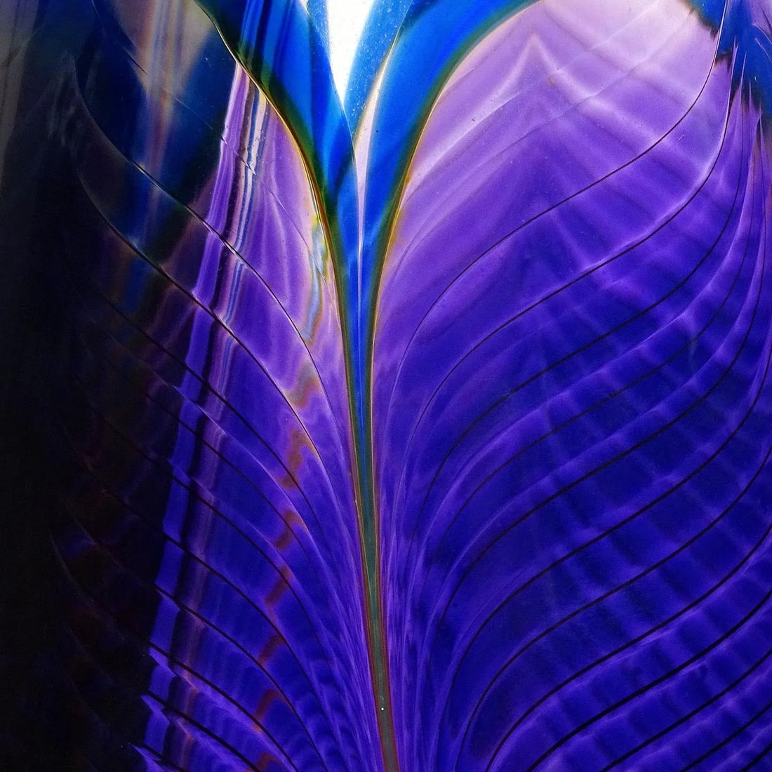 Zellique Studio Joseph Morel 1987 Signed Purple Blue Peacock Feather Vintage Art Glass Vanity Flower - 5
