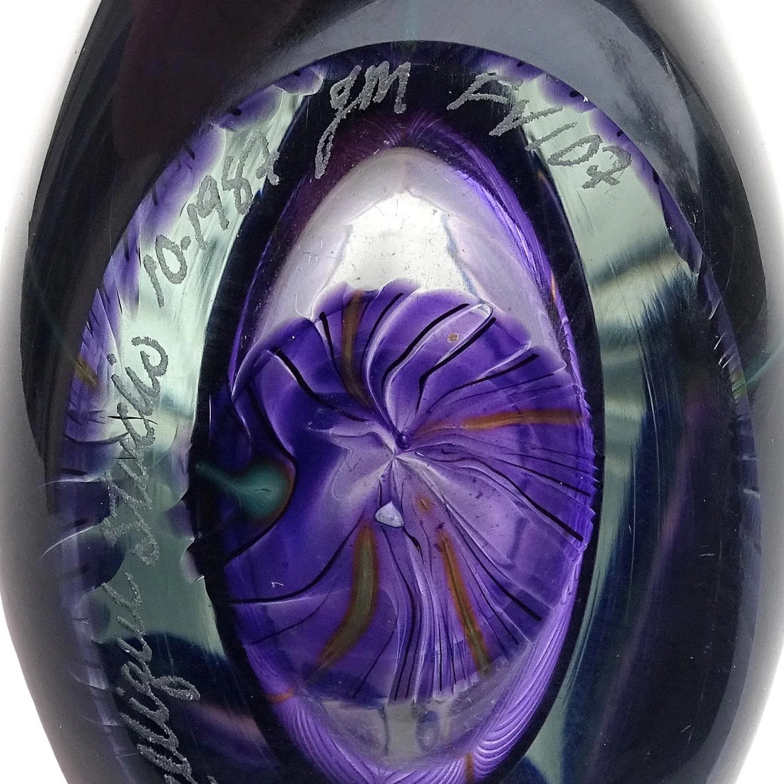 Zellique Studio Joseph Morel 1987 Signed Purple Blue Peacock Feather Vintage Art Glass Vanity Flower - 7