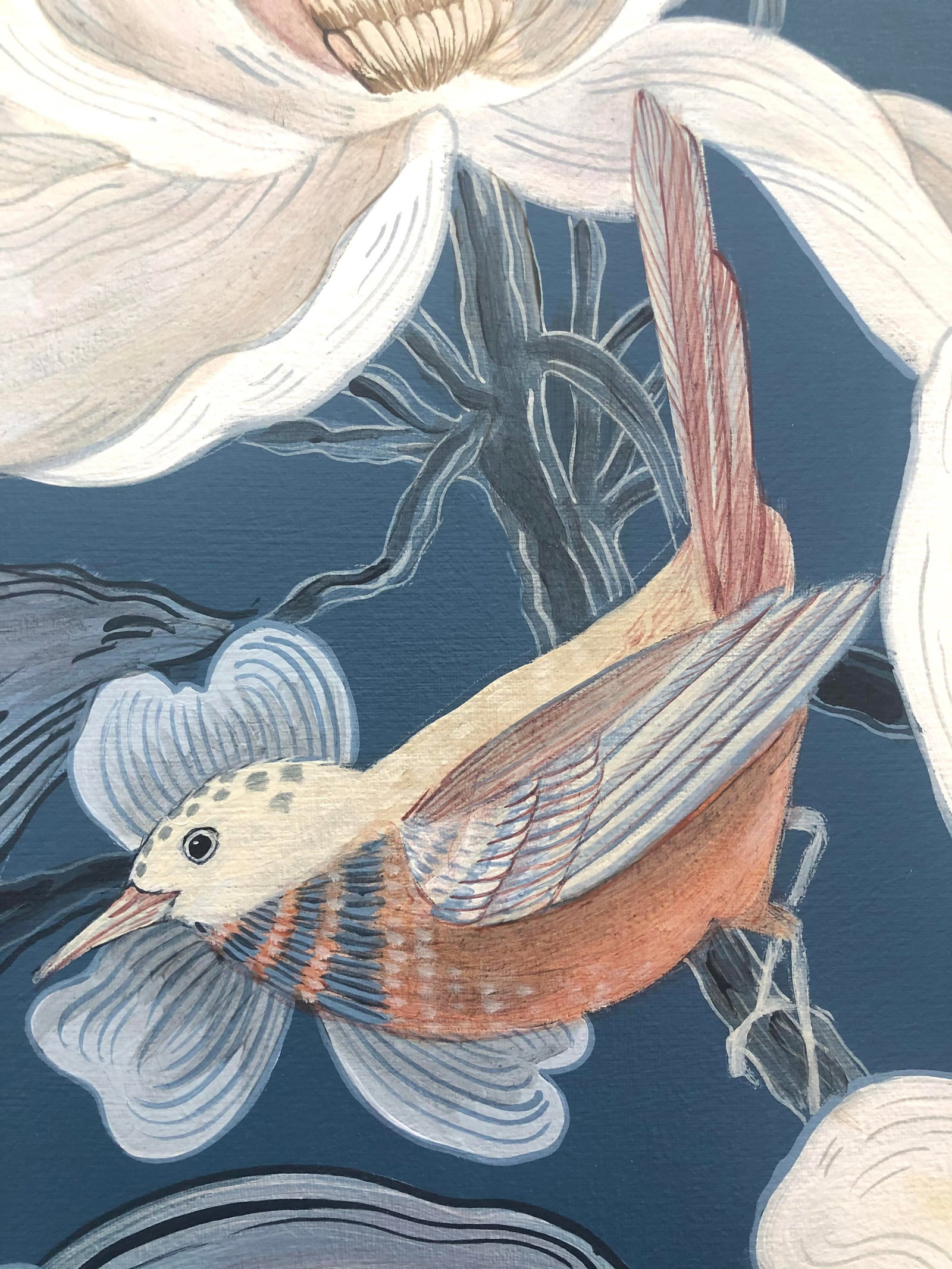 "Look No Feather" Contemporary Chinoiserie Bird Acrylic Painting by Allison Cosmos - 2