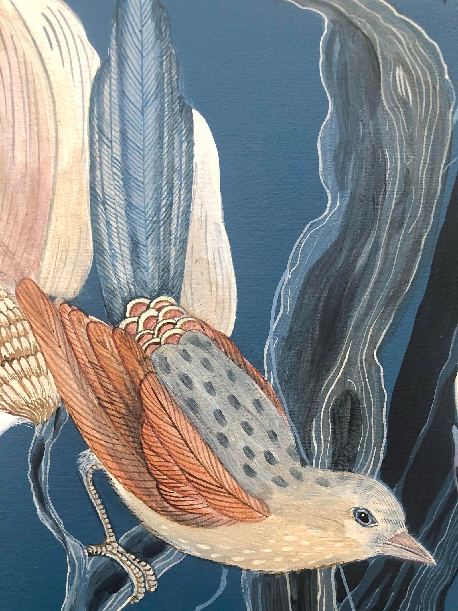 "Look No Feather" Contemporary Chinoiserie Bird Acrylic Painting by Allison Cosmos - 5
