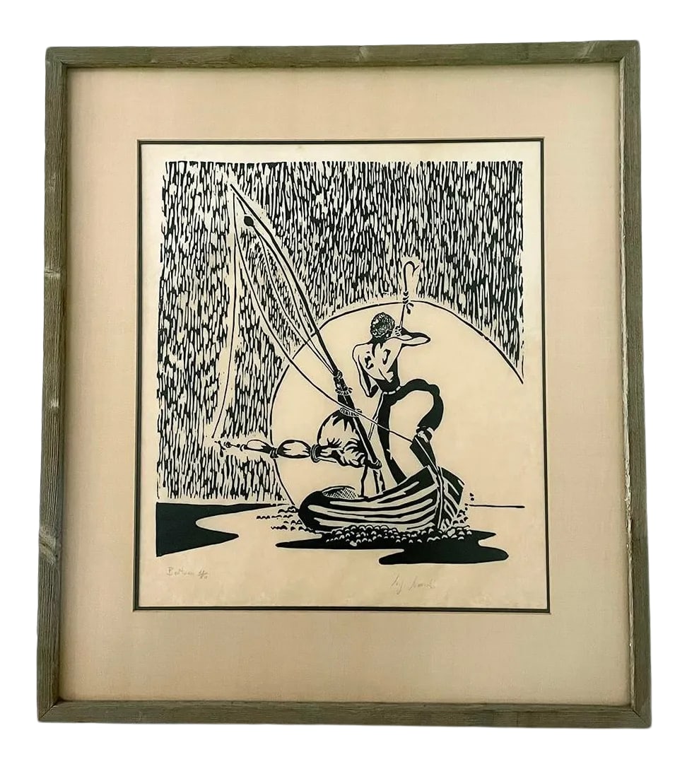 1970s "Boatman" Nautical Woodcut Print on Parchment, Framed: "Boatman"original signed and numbered woodcut print on parchment paper. Print of sailor on sailboat is number 21 of an edition of 50 prints. Professionally framed with double mat and non-glare glass i