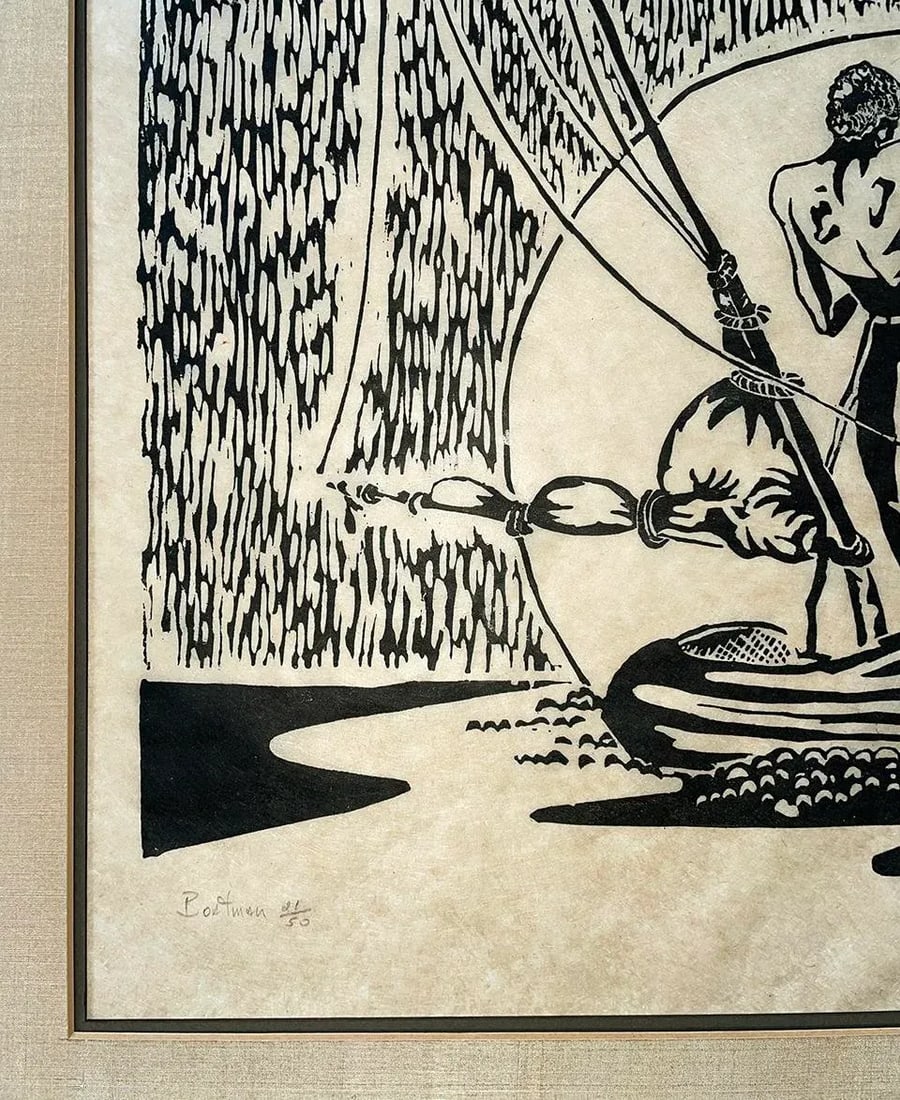 1970s "Boatman" Nautical Woodcut Print on Parchment, Framed - 5